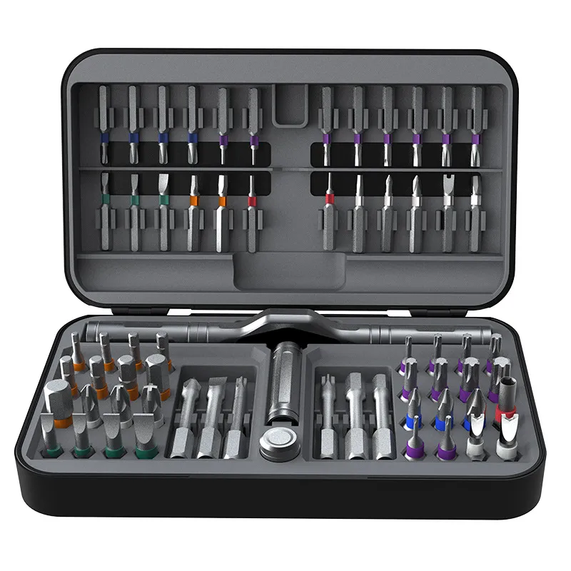 Ratchet screwdriver set open case showing all bits