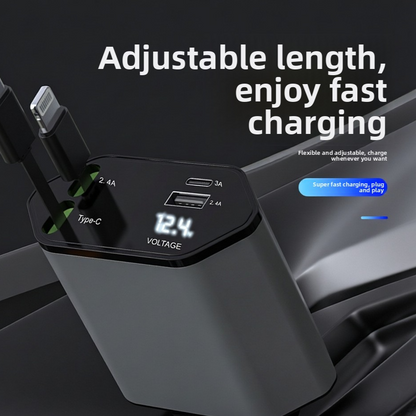 TrendNook 120W Retractable Car Charger – Digital Display, Ultra-Fast Charging, USB-C & Apple Compatible, iPhone & Android