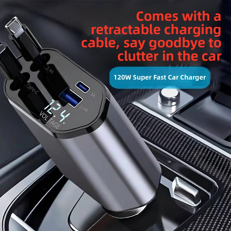 TrendNook 120W Retractable Car Charger – Digital Display, Ultra-Fast Charging, USB-C & Apple Compatible, iPhone & Android