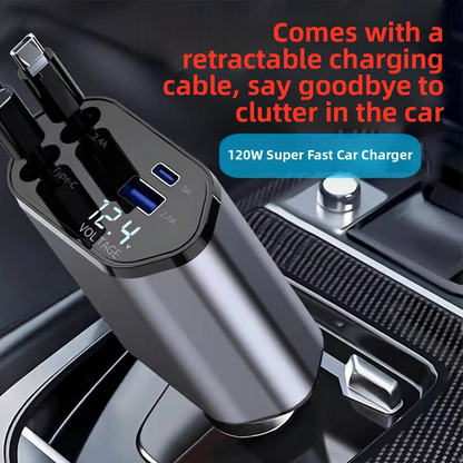 TrendNook 120W Retractable Car Charger – Digital Display, Ultra-Fast Charging, USB-C & Apple Compatible, iPhone & Android