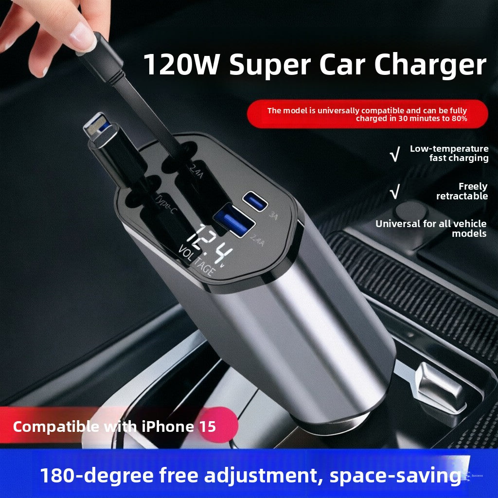 TrendNook 120W Retractable Car Charger – Digital Display, Ultra-Fast Charging, USB-C & Apple Compatible, iPhone & Android