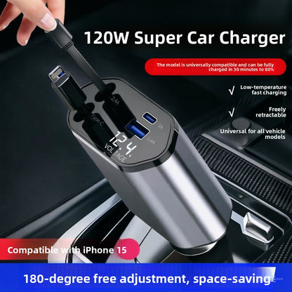 TrendNook 120W Retractable Car Charger – Digital Display, Ultra-Fast Charging, USB-C & Apple Compatible, iPhone & Android