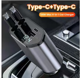 TrendNook 120W Retractable Car Charger – Digital Display, Ultra-Fast Charging, USB-C & Apple Compatible, iPhone & Android