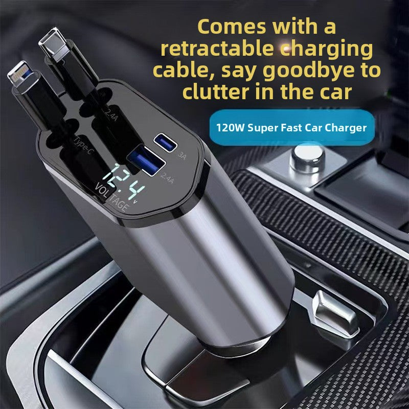TrendNook 120W Retractable Car Charger – Digital Display, Ultra-Fast Charging, USB-C & Apple Compatible, iPhone & Android