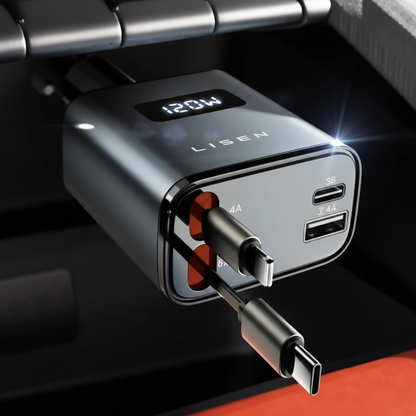 120W Retractable Car Charger with Digital Display plugged into car