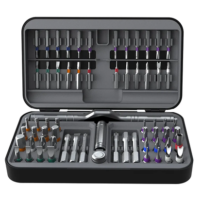Ratchet screwdriver set open case showing all bits